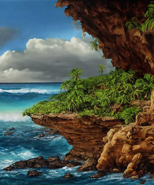 Image similar to photorealistic painting of turtle bay beach jamaica, sharp cliffs, island with cave, dark, atmospheric, brooding, smooth, finely detailed, cinematic, epic, in the style of clyde caldwell