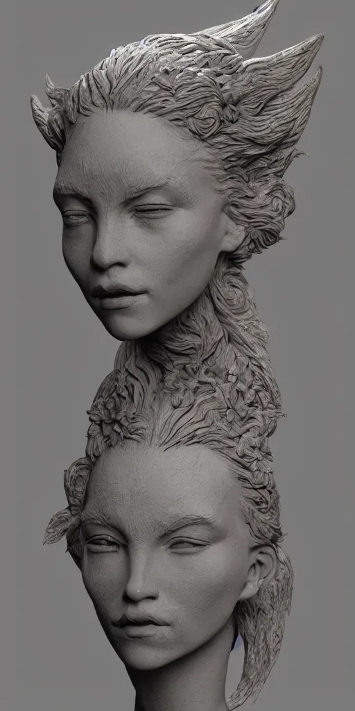 Image similar to a sculpture of mythical creatures by geenss archenti flores, elegant and beautiful female face, carved in stone, intricate, elegant, highly detailed, artstation, concept art, ambient occlusion, vray render,