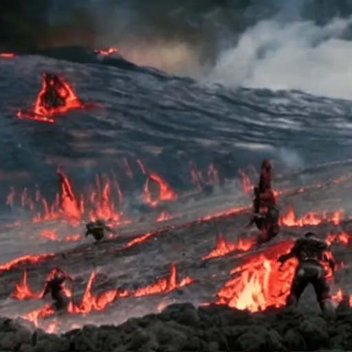 Image similar to movie still of an epic battle, lava in the background, highly-detailed, establishing shot