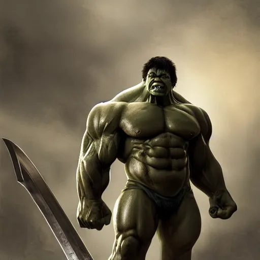 Image similar to the hulk wearing heavy armor carrying a big greatsword in his hands, au naturel, hyper detailed, digital art, trending in artstation, cinematic lighting, studio quality, smooth render, unreal engine 5 rendered, octane rendered, art style by klimt and nixeu and ian sprigger and wlop and krenz cushart