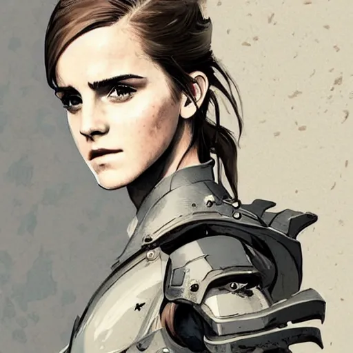 Image similar to fashion model emma watson wearing metal gear armour art by Hokusai by greg rutkowski by wlop high detail comic sharp vector lineart dramtic lighting artstation by trevor henderson by rossd raws cinematic