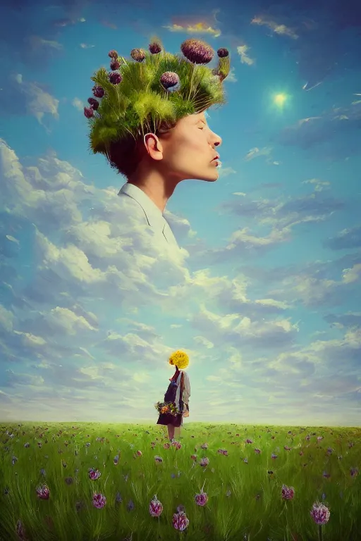 Prompt: portrait, an enormous thistle flower under the head, a girl in a suit in a field of flowers, surreal photography, sunrise, blue sky, dramatic light, impressionist painting, digital painting, artstation, simon stalenhag