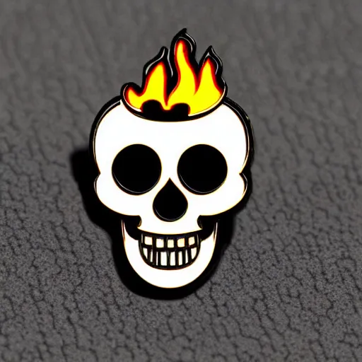 Prompt: a retro vintage minimalistic smiling skull with fire flame enamel pin, hd, concept art