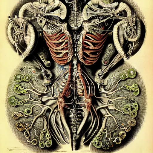 Image similar to cyborg anatomy by ernst haeckel, masterpiece, vivid, very detailed