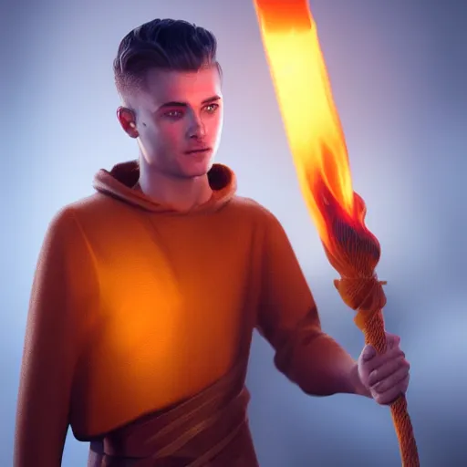 Prompt: Robbie Rogers wearing monk tunic holding a glowing fire magical staff. Trending on Artstation, octane render, ultra detailed, art by Ross tran