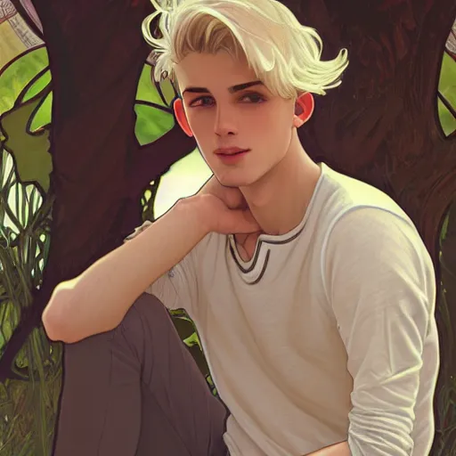 Prompt: young man with short, ash blond greyish hair, light brown eyes, casual clothes, relaxing, happy, path traced, highly detailed, high quality, digital painting, by alphonse mucha, sylvain sarrailh, beautiful details