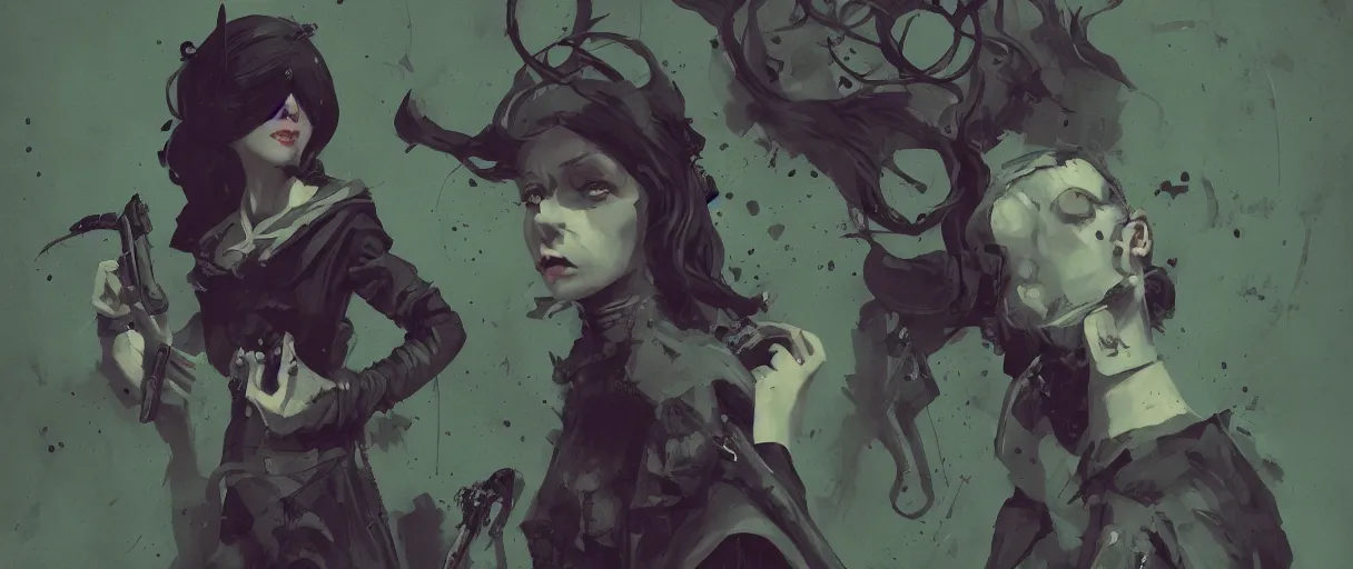 Prompt: duotone black and dark lilac dark olive green background comic noir illustration painting of iris von everec, dark gothic atmosphere by sachin teng and sergey kolesov and ruan jia and heng z. graffiti art, scifi, fantasy, hyper detailed. octane render. concept art. trending on artstation