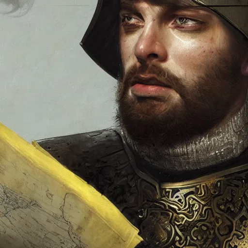 Image similar to Closeup of frustrated male medieval lieutenant with a {short} beard wearing a black!!!! and yellow tabard over a steel breastplate and a black gambeson looking up from a map on a table, intricate, dramatic lighting illustration by Greg Rutkowski, ArtStation, digital art, fantasy