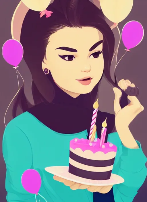 Image similar to woman resembling selena gomez at a birthday party wrapping mickey ears. balloons. clean cel shaded vector art. shutterstock. behance hd by lois van baarle, artgerm, helen huang, by makoto shinkai and ilya kuvshinov, rossdraws, illustration,