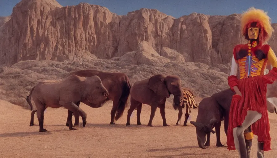 Image similar to movie still by alejandro jodorowsky of a circus with animals in the desert, cinestill 8 0 0 t eastmancolor technicolor, high quality, very detailed, heavy grain, fine facial features, 8 k, octane render