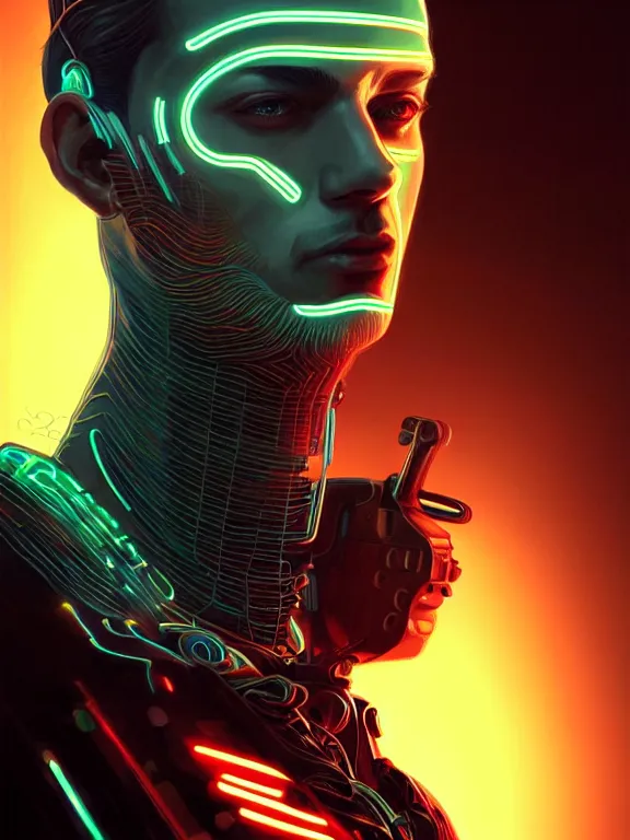 Image similar to portrait of male humanoid, intricate, masculine, cyber neon lights, highly detailed, digital photography, artstation, stylish pose, concept art, smooth, sharp focus, illustration, art by artgerm and greg rutkowski