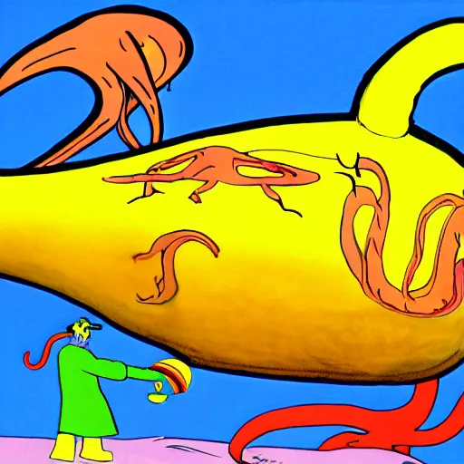 Prompt: A giant squid holding a yellow submarine, artist is Dr Seuss, vivid colors, kinetic, action shot