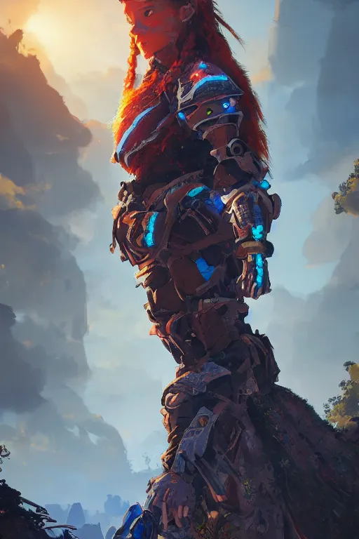 Image similar to combination suit armor aloy horizon forbidden west horizon zero dawn radiating a glowing aura global illumination ray tracing hdr fanart arstation by ian pesty and alena aenami artworks in 4 k tribal robot ninja mask helmet backpack