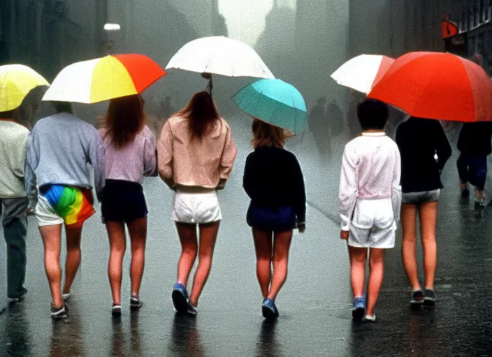 Image similar to realistic photo portrait of a crowd of people wearing white shorts, cone heads, walking on the street, grey sky with rainbow and rain 1 9 9 0, life magazine reportage photo, natural colors