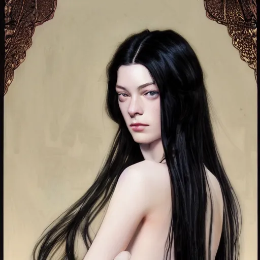 Prompt: portrait of teenage girl with long glossy black hair, glowing skin, delicate features, victoria wallace, stoya, fantasy, intricate, elegant, dress shirt and tie, highly detailed, digital painting, artstation, concept art, smooth, sharp focus, illustration, art by Krenz Cushart and Artem Demura and alphonse mucha