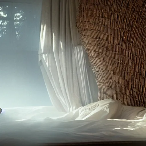 Image similar to a priest sleeping against a twisting wicker coffin, foggy, sun rays, cinematic shot, photo still from movie by denis villeneuve, wayne barlowe