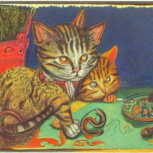 Image similar to a cat mind - controlling a mouse, louis wain, fantasy art