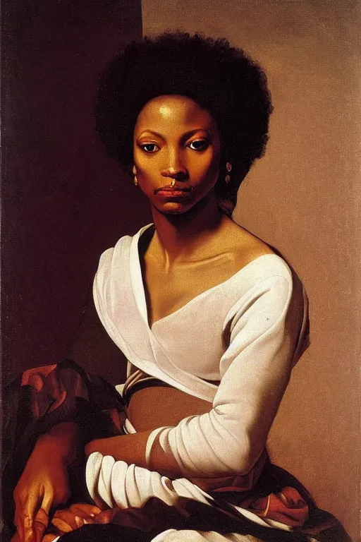 Prompt: Portrait of an Afroamerican noble lady by Caravaggio, renaissance style, oil painting