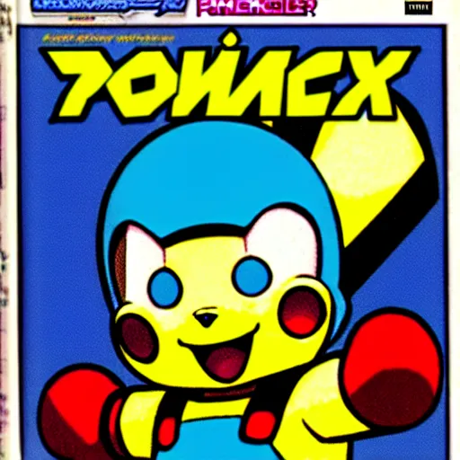 Image similar to nintendo power magazine cover from the 1 9 9 0 s featuring megaman as pikachu