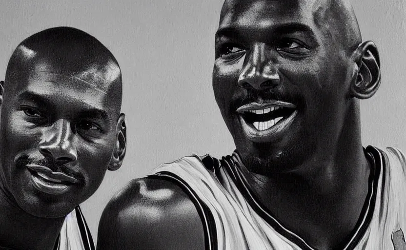 Prompt: beautiful portrait of Michael Jordan at a basketball stadium, NBA Finals, oil painting of Michael Jordan, masterpiece, highly detailed and ultra realistic, trending on artstation; portrait of Michael Jordan