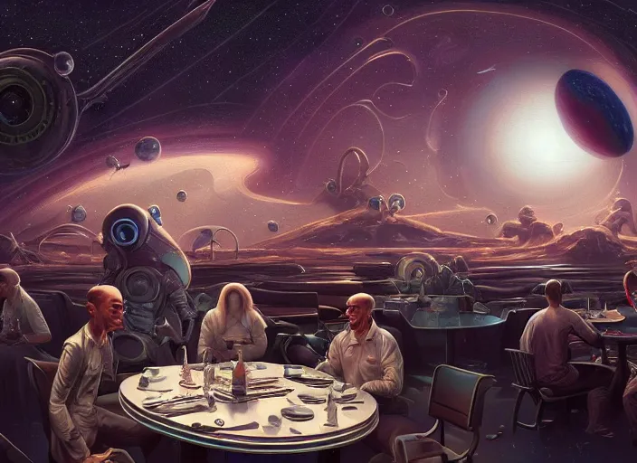 Prompt: a diner for space aliens, on an aliens planet, cosmic horror painting, elegant intricate digital painting artstation concept art by mark brooks and brad kunkle extreme detail 4 k