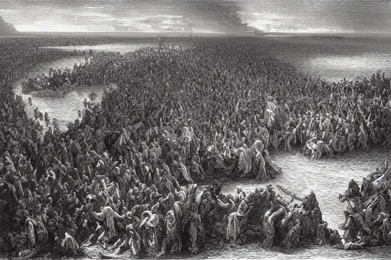 Prompt: aerial view, the biblical crossing of the red sea, Gustave Dore lithography