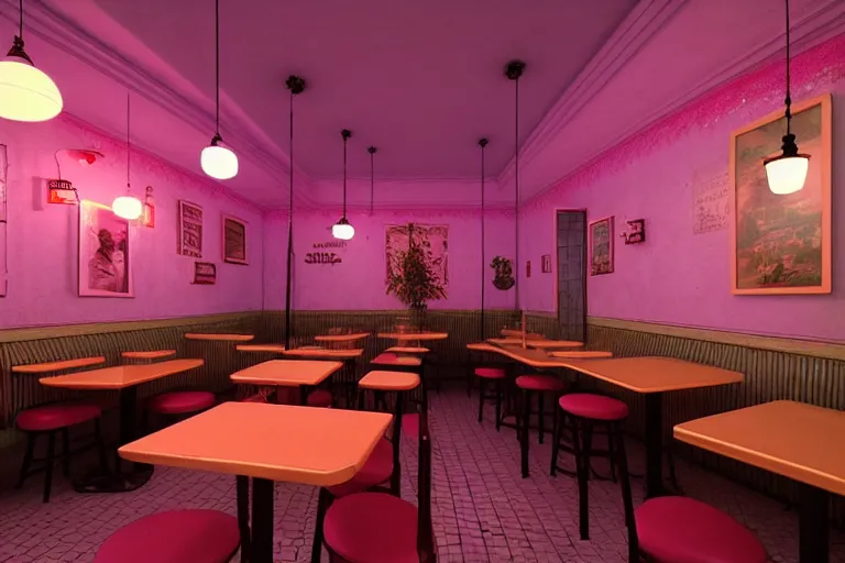 Prompt: old belarussian cafe, vaporwave colors, state of melancholy, romantic, dimmed lights, realistic