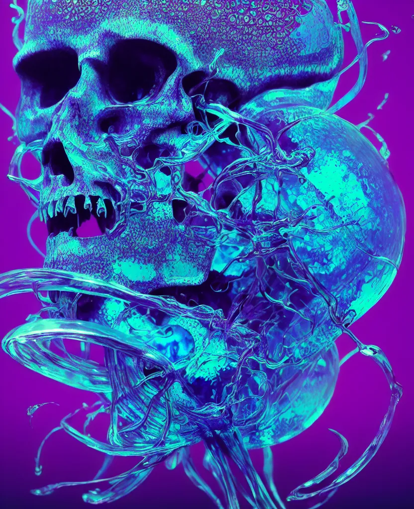 Image similar to close-up portrait of skull dichroic orchid jellyfish skull, betta fish, bioluminiscent creatures, intricate artwork by Tooth Wu and wlop and beeple. octane render, trending on artstation, greg rutkowski very coherent symmetrical artwork. cinematic, hyper realism, high detail, octane render, 8k