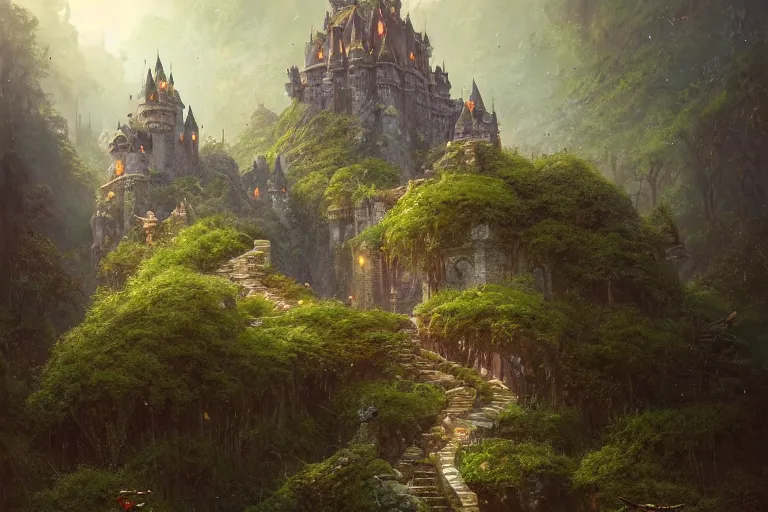 Prompt: single small fantasy castle, highly detailed, on lush green hills with a forest in the background, illustrated by Greg Rutkowski and Gaston Bussiere, 35mm lens, beautiful macro close-up imagery, lush lighting, beautiful volumetric-lighting-style atmosphere