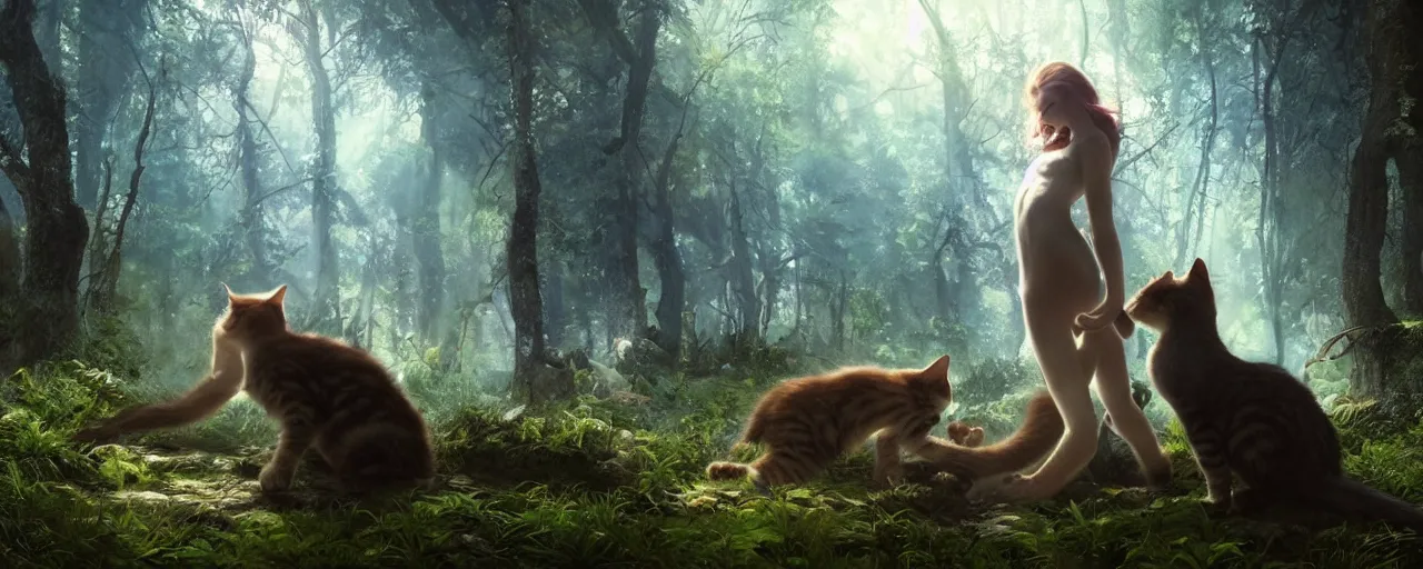 Image similar to a giant leaning down trying to pet a kitten with a magical forest background, beautiful dynamic lighting, cinematic, wide angle establishing shot, extremely high detail, photo realistic, cinematic lighting, post processed, concept art, artstation, matte painting, style by Anne-Louis Girodet , unreal engine 8k