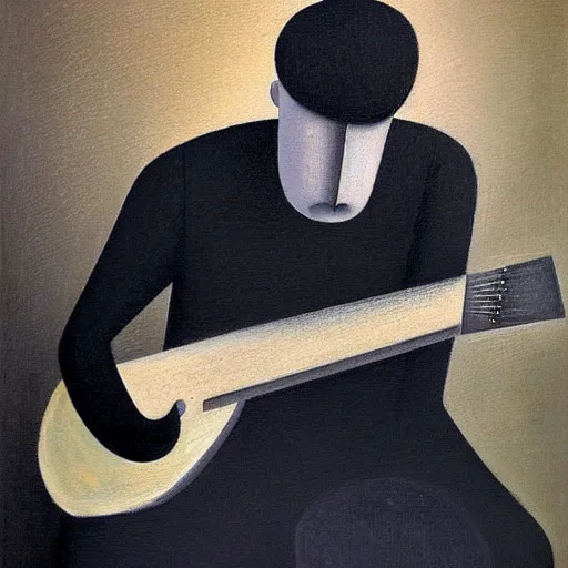 Image similar to a painting of a man playing the guitar by gertrude abercrombie. precisionism, surrealism, dark, low contrast, featured on pixiv, art on instagram, detailed painting