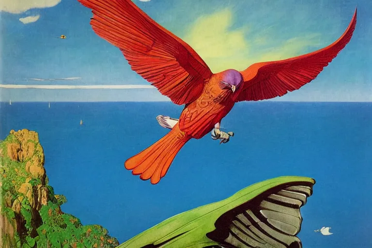 Image similar to colourful bird of prey flying over a tropical island, fluid, smooth, bright, colours, high contrast, sharpness, very detailed, intricate, by dali, magritte, edvard munch, da vinci, donato giancola, richard corben, zdzisław beksinski, moebius, francis bacon, studio ghibli, mucha and studio disney