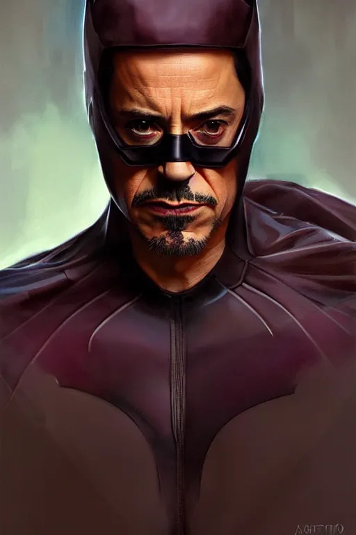 Image similar to robert downey jr as bat man, portrait,, highly detailed, digital painting, artstation, concept art, smooth, sharp focus, illustration, cinematic lighting, art by artgerm and greg rutkowski and alphonse mucha