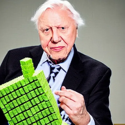 Image similar to Sir David Attenborough next to a Minecraft Creeper