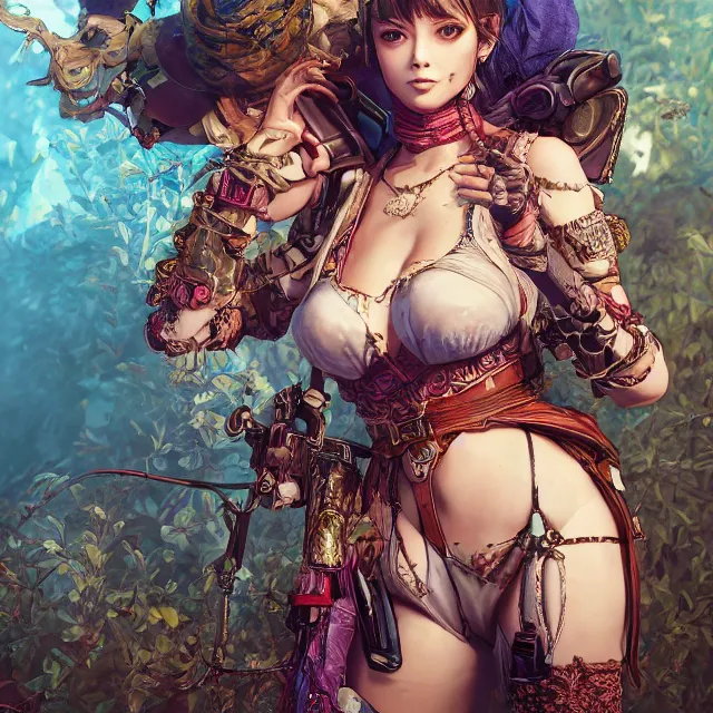 Image similar to the portrait of lawful neutral semi - colorful female hunter socialite as absurdly beautiful, gorgeous, elegant, young gravure idol, an ultrafine hyperdetailed illustration by kim jung gi, irakli nadar, intricate linework, bright colors, octopath traveler, final fantasy, unreal engine 5 highly rendered, global illumination, radiant light, detailed and intricate environment