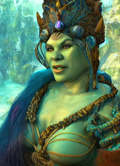 Image similar to underwater portrait of shrek as the naga queen, naturel, hyper detailed, digital art, trending in artstation, cinematic lighting, studio quality, smooth render, unreal engine 5 rendered, octane rendered, art style by klimt and nixeu and ian sprigger and wlop and krenz cushart.