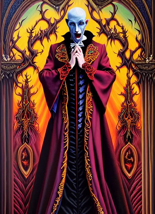 Image similar to beautiful oil painting, full length portrait of vampire!!!!! dauphinois in baroque coronation robes 1 7 0 1, blood, dan mumford, dan mumford, alex grey, hyacinthe rigaurd, highly detailed, lsd visuals, dmt fractal patterns, visionary art, psychedelic art, ornate, vaporwave, baroque, greg rutkowski