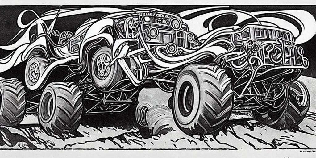 Image similar to monster truck rally, Alphonse Mucha