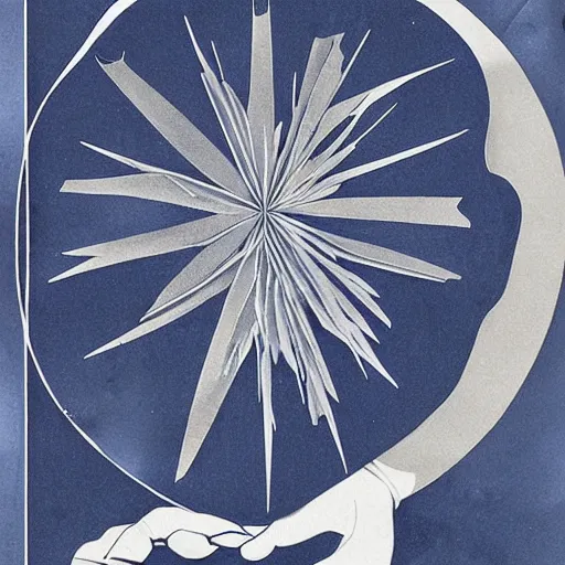 Image similar to A collage. A rip in spacetime. Did this device in his hand open a portal to another dimension or reality?! botanical illustration, dark blue by Lyubov Popova decorative