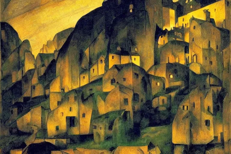 Image similar to a village of stone buildings built on the side of a hill, glowing with silver light, painting by Franz Marc, by Jean-Léon Gérôme, by Winsor McCay, today's featured photograph, 16K