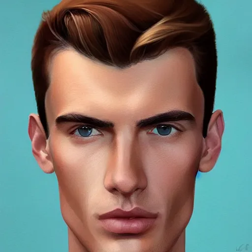 Image similar to tall man in his twenties with brown blond short quiff hair and thin slightly round facial structure with cleft chin, straight eyebrows and prominent nose, good definition of cheekbones, big hazel nut brown eyes, narrow face, slim body, atmospheric lighting, painted, intricate, 4 k, highly detailed by charlie bowater