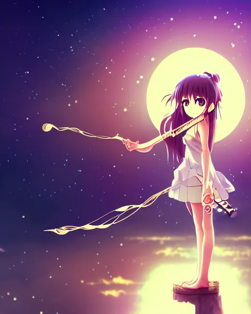Prompt: anime style, chibi, full body, a cute girl with white skin and golden long wavy hair holding a violin and playing a song, heavenly, stunning, filters applied, lunar time, trending art, sharp focus, centered, landscape shot, happy, fleeting dream, simple background, studio ghibly makoto shinkai yuji yamaguchi, by wlop