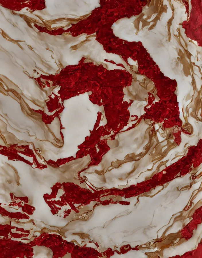 Prompt: 1 1 0 million years old liquid gold and porcelain sculpture red velvet detail 8 k