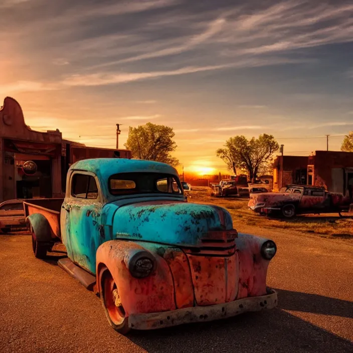 Image similar to a sunset light landscape with historical route 6 6, lots of sparkling details and sun ray ’ s, blinding backlight, smoke, volumetric lighting, colorful, octane, 3 5 mm, abandoned gas station, old rusty pickup - truck, beautiful epic colored reflections, very colorful heavenly, softlight