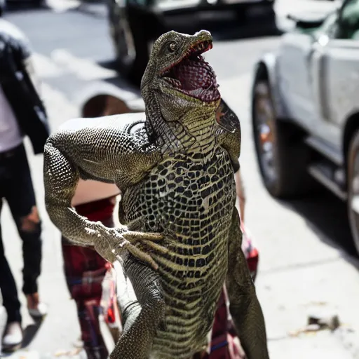 Image similar to Paparazzi shot of a Reptilian hollywood actor, full body, 8k, Canon, Gucci, Fendi