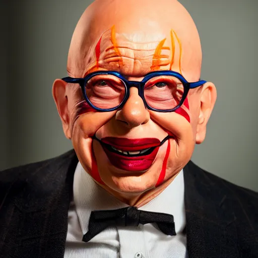 Image similar to UHD candid photo of Klaus Schwab dressed as Dr. No, wearing extremely accurate clown makeup, accurate face, UHD, photorealistic, correct face, photo by Annie Leibowitz