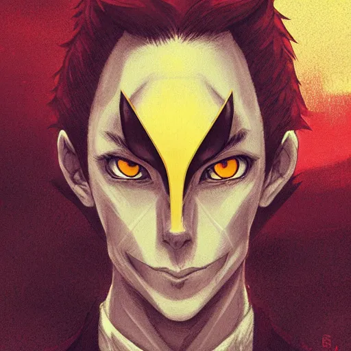 Prompt: headshot portrait of male anime character extremely sharp jaws slit yellow eyes medium length red hair inspired by tom hiddleston senyum palsu karakter anime by anato finnstark, tom bagshaw, brom