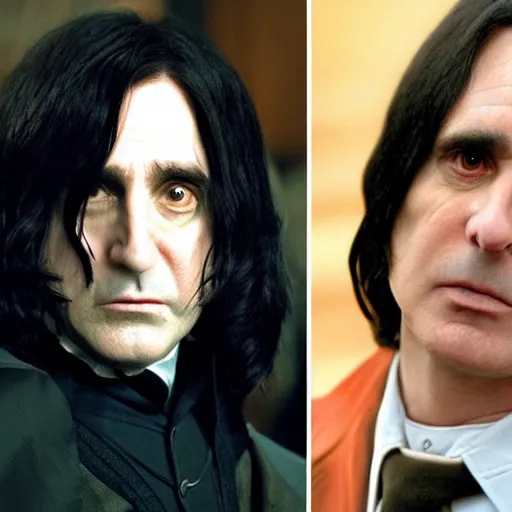 Image similar to steve carell cosplaying as severus snape in hogwarts, 8k