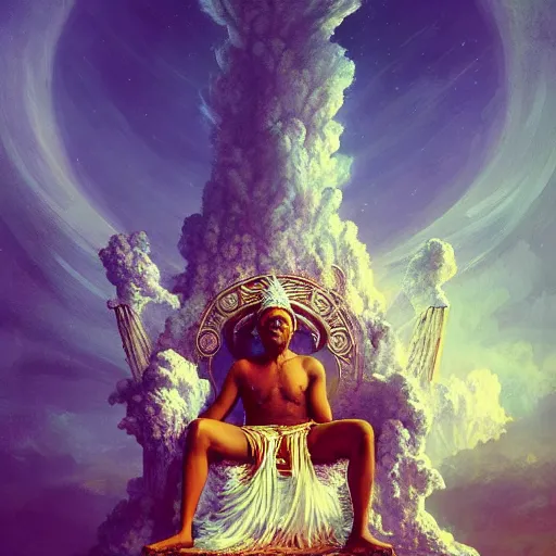 Prompt: obatala the cosmic god sitting on a throne of nebula clouds, by greg rutkowski and android jones, matte painting, orisha, 8k, hd