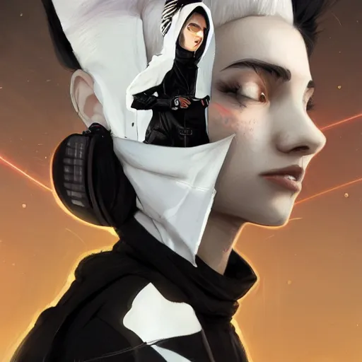 Image similar to a pale skinny white young girl with black hair, the hime cut, 1 8, in a black hoodie, and a cat, apex legends character, digital illustration portrait design, by android jones and greg rutkowski, retrowave color scheme, detailed, cinematic lighting, wide angle action dynamic portrait